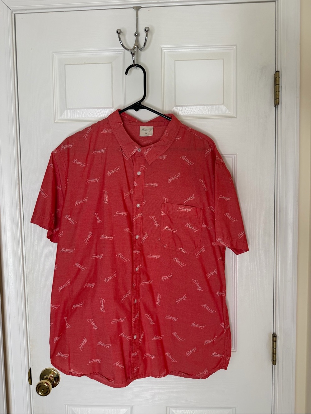 Budweiser Red Short-Sleeve Button-Down Shirt with Logo Print